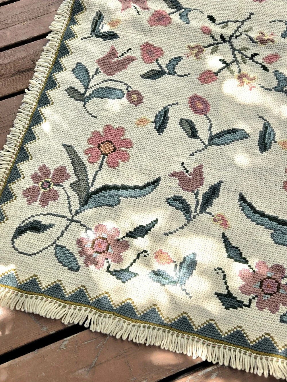 Handknitted Floral Tapestry Pink & Green Fringed Shabby Cottagecore Coquette